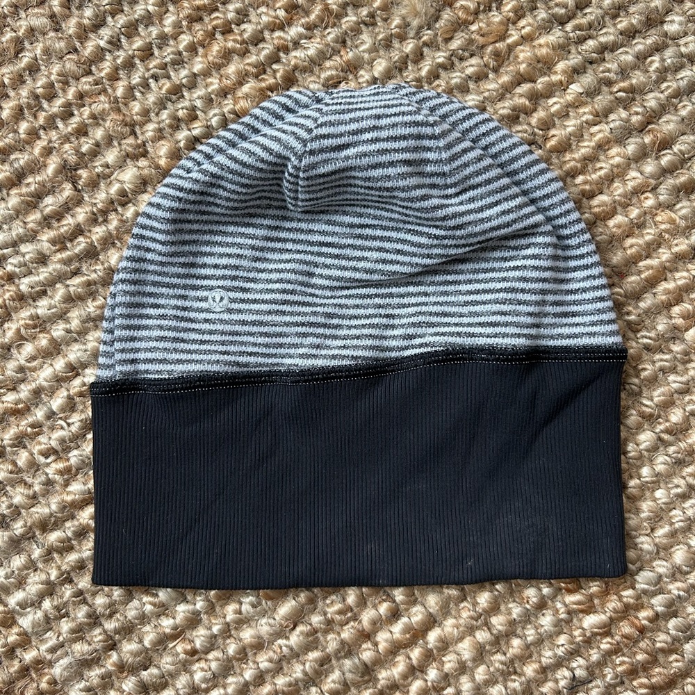 lululemon athletica Striped Black and Gray ponytail Beanie.